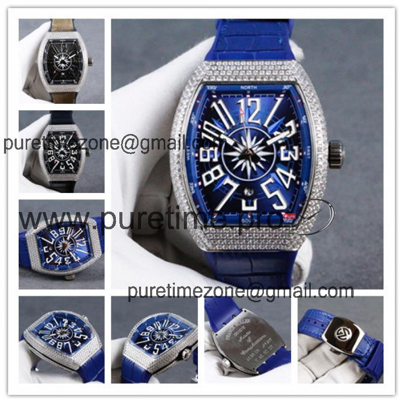 Replica Vanguard A21j Automatic Movement Mens Watch Blue Dial Full Diamonds Case Leather Strap B E126