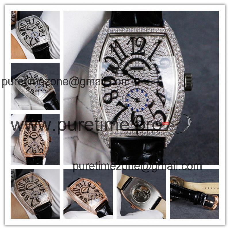 Replica Vanguard A21j Automatic Movement Mens Watch Full Diamonds Dial Diamonds Case Leather Strap E135