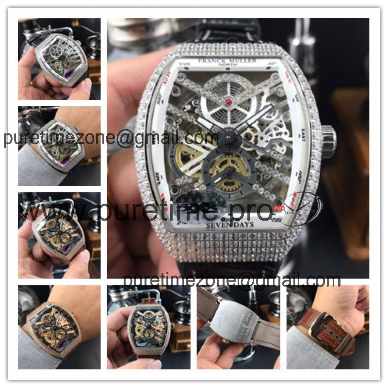 Replica Vanguard A21j Automatic Movement Mens Watch Skeleton Dial Diamonds Case Leather Strap E145