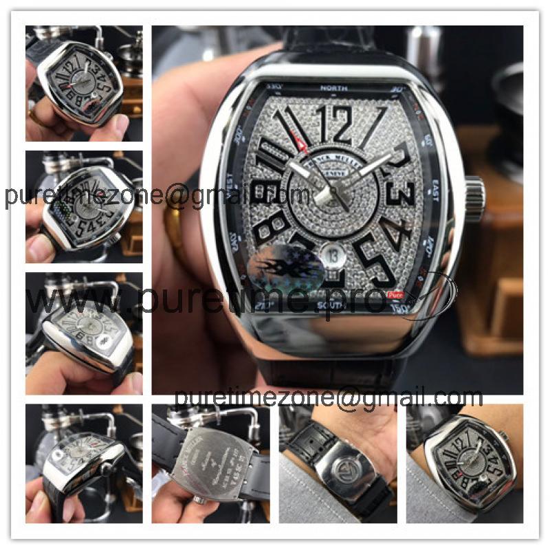 Replica Vanguard A21j Automatic Movement Mens Watch Full Diamonds Dial Leather Strap E150