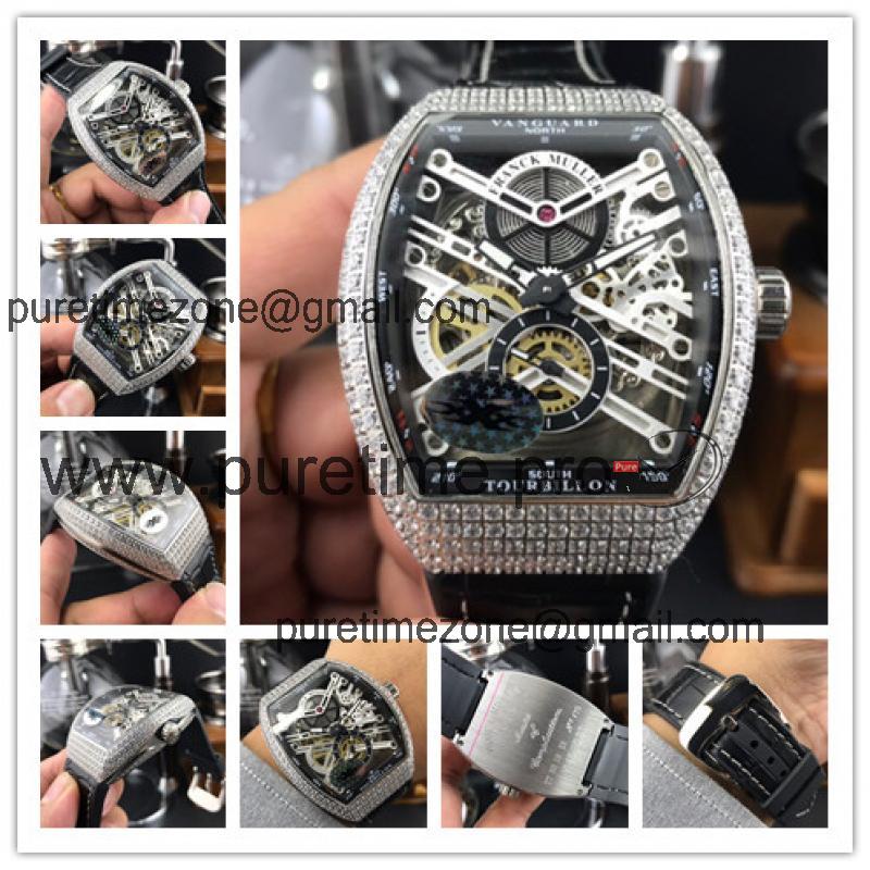 Replica Vanguard A21j Automatic Movement Mens Watch Skeleton Dial Diamonds Case Leather Strap E151