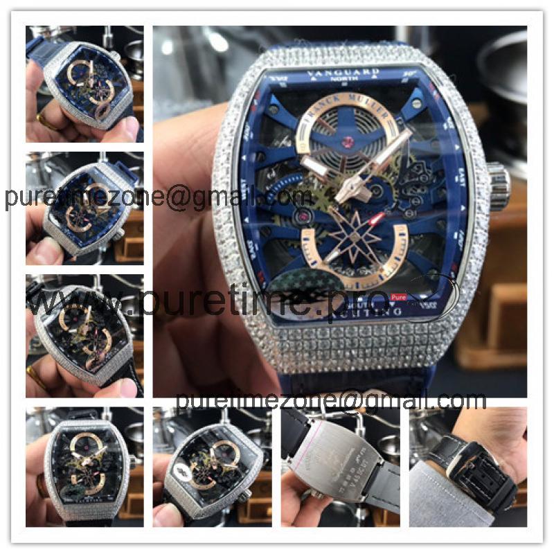 Replica Vanguard A21j Automatic Movement Mens Watch Skeleton Dial Diamonds Case Leather Strap E152