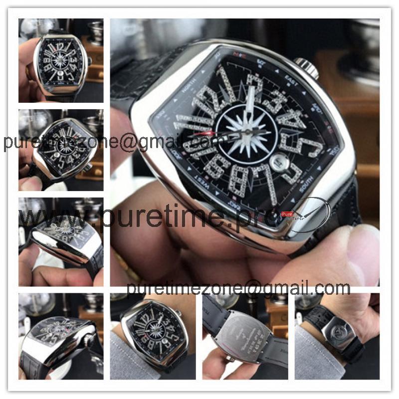 Replica Vanguard A21j Automatic Movement Mens Watch Diamonds Number Black Dial Leather Strap E155