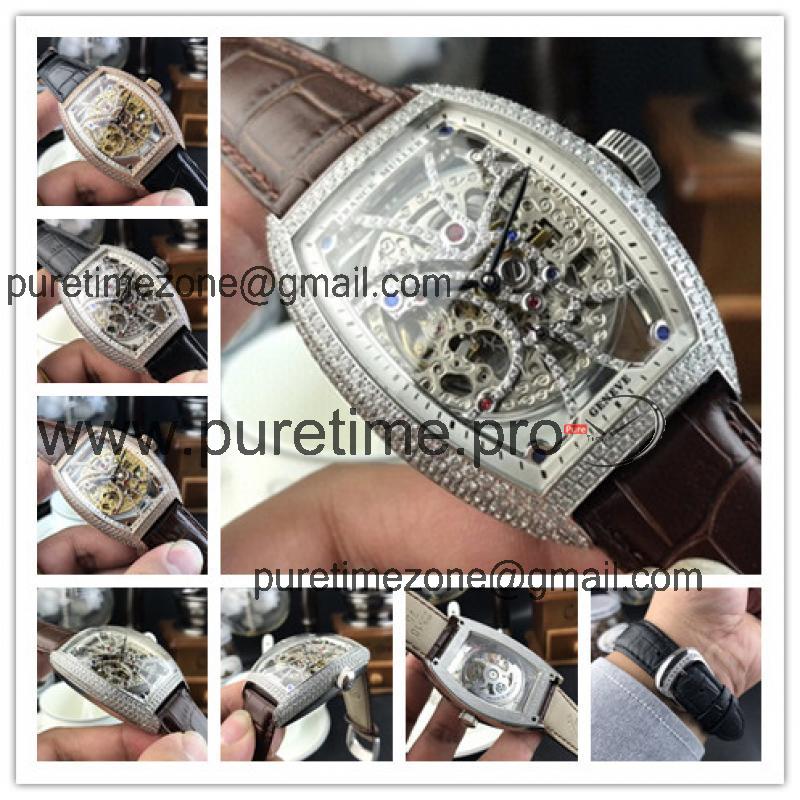 Replica Vanguard A21j Automatic Movement Mens Watch Skeleton Diamonds Dial Diamonds Case Leather Strap E156