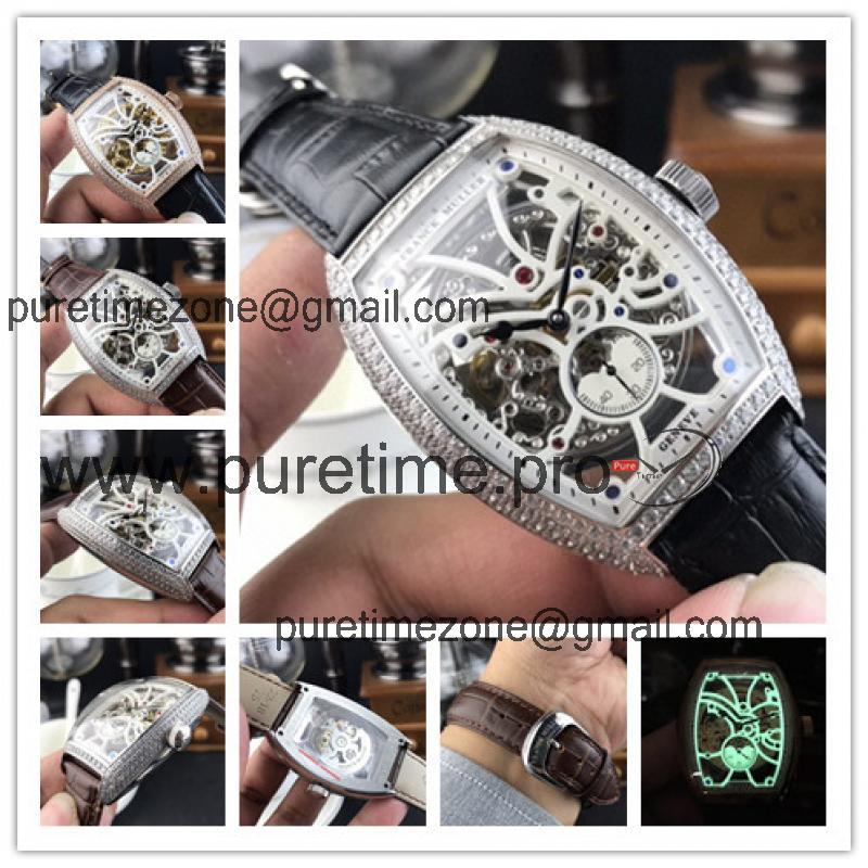 Replica Vanguard A21j Automatic Movement Mens Watch Skeleton Dial Diamonds Case Leather Strap E157