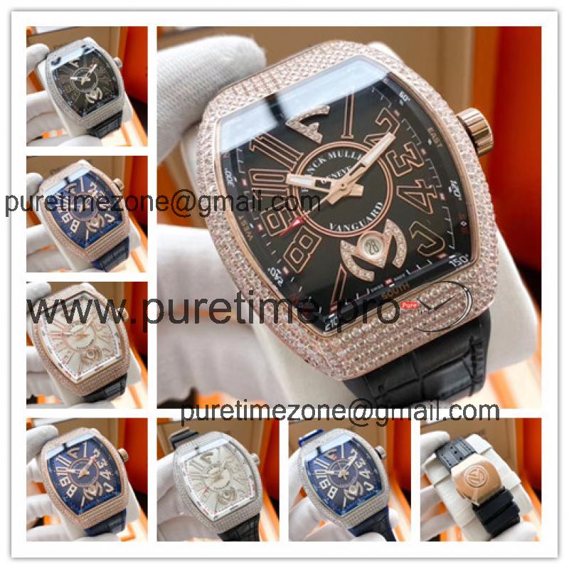 Replica Vanguard A2813 Automatic Movement Mens Watch Black Dial Diamonds Case Leather Strap E177