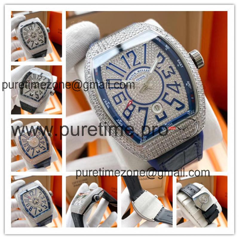 Replica Vanguard A2813 Automatic Movement Mens Watch Full Diamonds Dial Diamonds Case Leather Strap E178