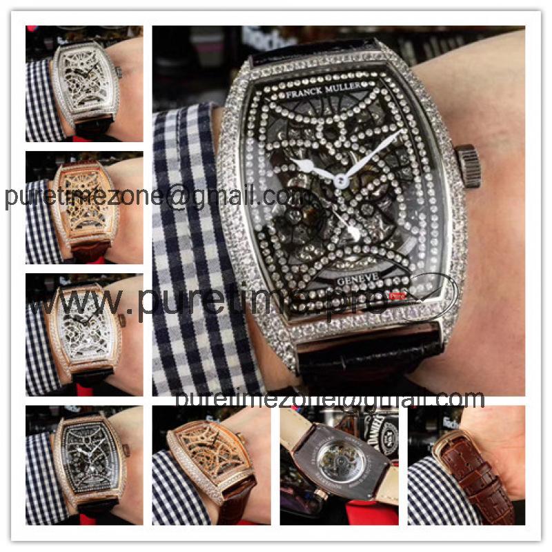 Replica Vanguard A21j Automatic Movement Mens Watch Skeleton Diamonds Dial Diamonds Case Leather Strap E186