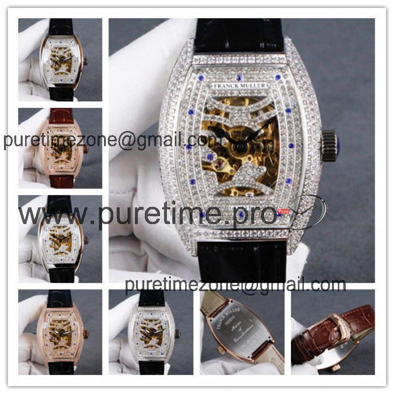 Replica Vanguard A21j Automatic Movement Mens Watch Diamonds Skeleton Dial Diamonds Case Leather Strap E192