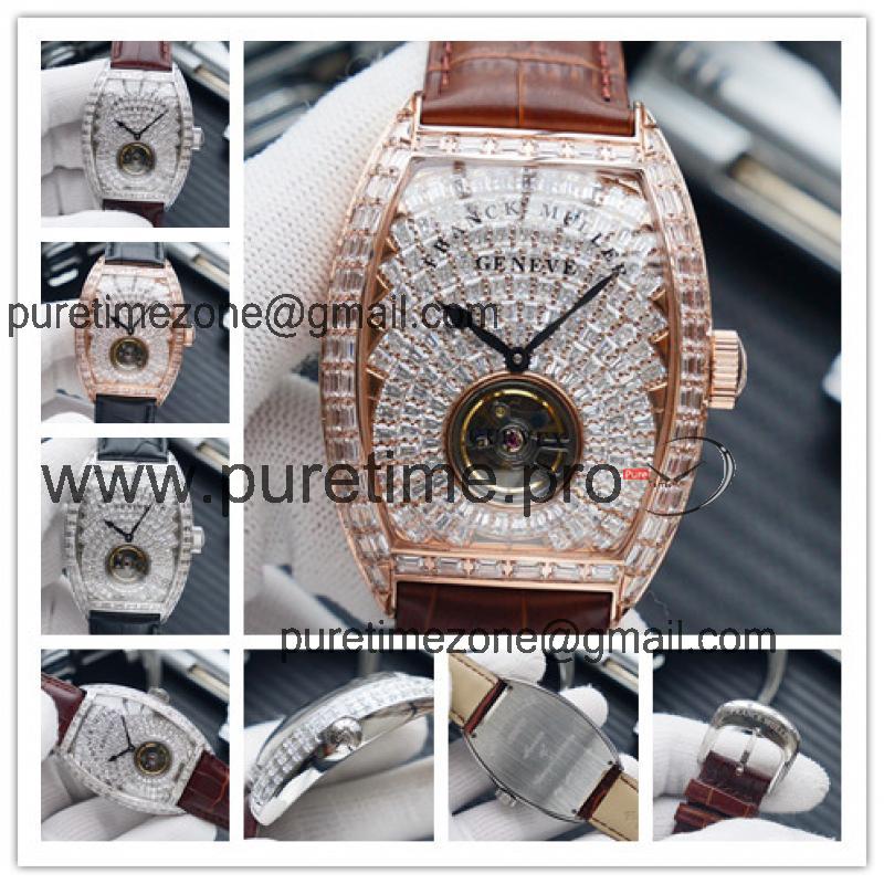 Replica Vanguard A21j Automatic Movement Mens Watch Full Diamonds Dial Diamonds Case Leather Strap E201