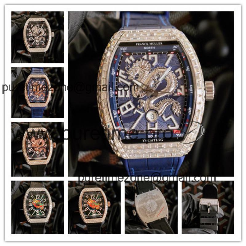 Replica Dragon King A21j Automatic Movement Mens Watch Blue Dial Diamonds Case Leather Strap E225