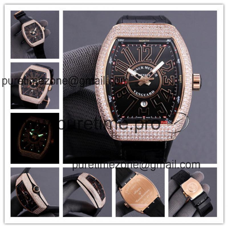 Replica Vanguard A2813 Automatic Movement Mens Watch Black Dial Diamonds Case Leather Strap E232