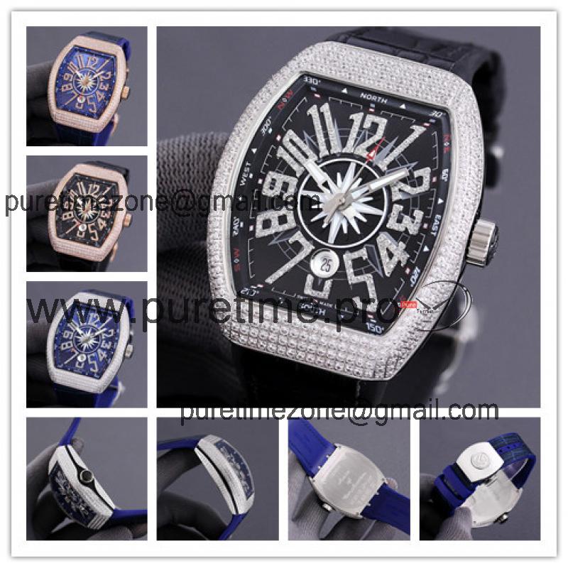 Replica Vanguard A2813 Automatic Mens Watch Diamonds Number Black Dial Diamonds Case Leather Strap E234