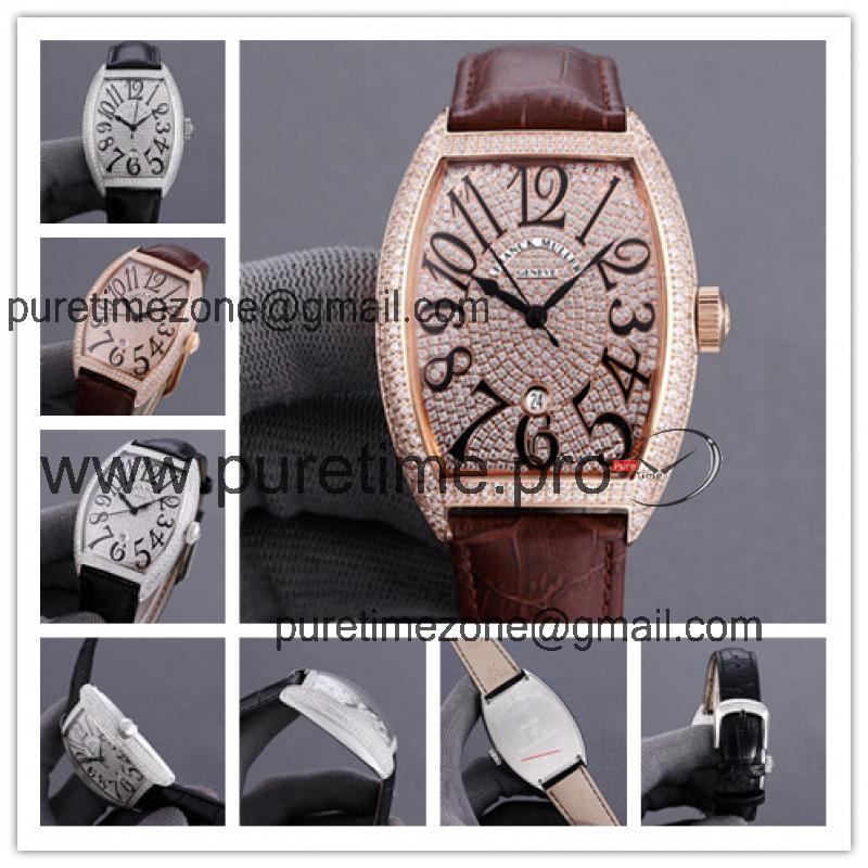 Replica Vanguard A21j Automatic Movement Mens Watch Full Diamonds Dial Diamonds Case Leather Strap E238