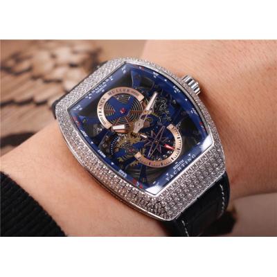 Replica Yachting A21j Automatic Movement Mens Watch Skeleton Dial Diamonds Case Leather Strap E17