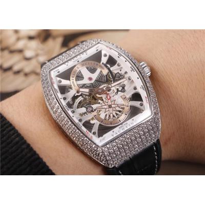 Replica Yachting A21j Automatic Movement Mens Watch Skeleton Dial Diamonds Case Leather Strap E17