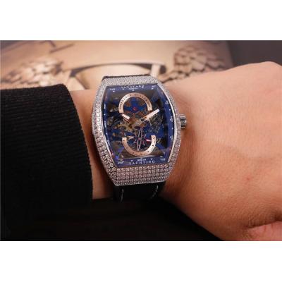 Replica Yachting A21j Automatic Movement Mens Watch Skeleton Dial Diamonds Case Leather Strap E17