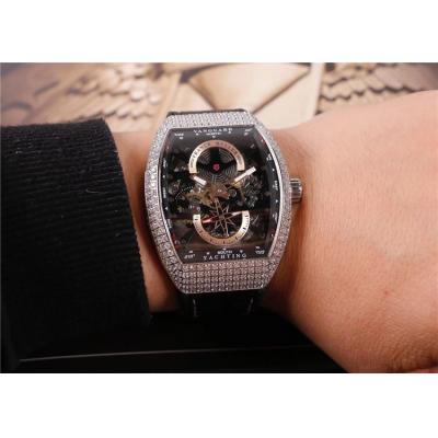 Replica Yachting A21j Automatic Movement Mens Watch Skeleton Dial Diamonds Case Leather Strap E17