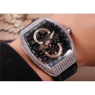 Replica Yachting A21j Automatic Movement Mens Watch Skeleton Dial Diamonds Case Leather Strap E17