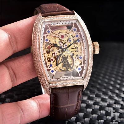 Replica Vanguard A21j Automatic Movement Mens Watch Skeleton Dial Diamonds Case Leather Strap B E22