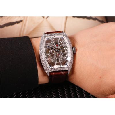 Replica Models A21j Automatic Movement Mens Watch Skeleton Diamonds Dial Diamonds Case Leather Strap E35