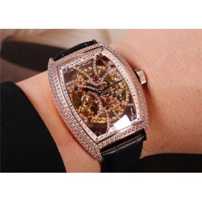 Replica Models A21j Automatic Movement Mens Watch Skeleton Diamonds Dial Diamonds Case Leather Strap E35