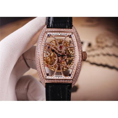 Replica Models A21j Automatic Movement Mens Watch Skeleton Diamonds Dial Diamonds Case Leather Strap E35