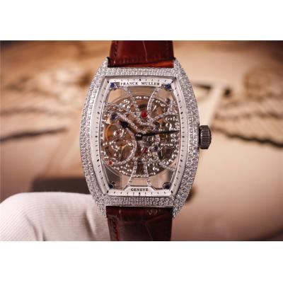 Replica Models A21j Automatic Movement Mens Watch Skeleton Diamonds Dial Diamonds Case Leather Strap E35