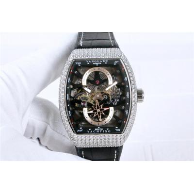 Replica Yachting A21j Automatic Movement Mens Watch Skeleton Dial Diamonds Case Leather Strap E41