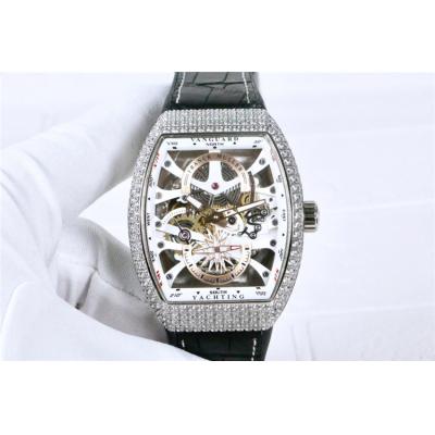 Replica Yachting A21j Automatic Movement Mens Watch Skeleton Dial Diamonds Case Leather Strap E41