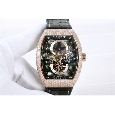 Replica Yachting A21j Automatic Movement Mens Watch Skeleton Dial Diamonds Case Leather Strap E41