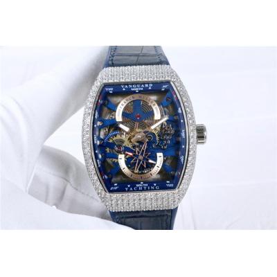 Replica Yachting A21j Automatic Movement Mens Watch Skeleton Dial Diamonds Case Leather Strap E41