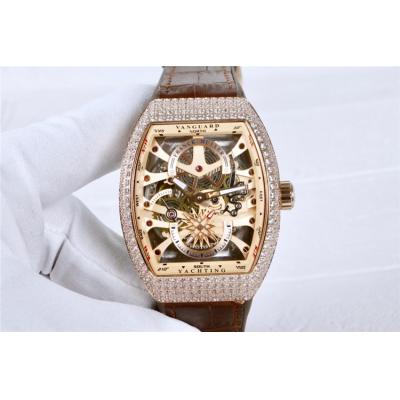 Replica Yachting A21j Automatic Movement Mens Watch Skeleton Dial Diamonds Case Leather Strap E41