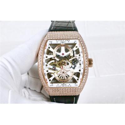 Replica Yachting A21j Automatic Movement Mens Watch Skeleton Dial Diamonds Case Leather Strap E41