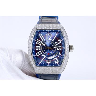 Replica Yachting A21j Automatic Movement Mens Watch Blue Dial Diamonds Case Leather Strap E45