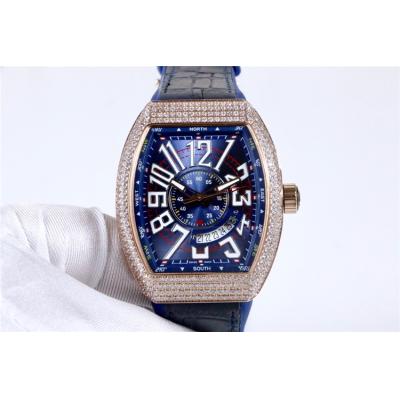 Replica Yachting A21j Automatic Movement Mens Watch Blue Dial Diamonds Case Leather Strap E45