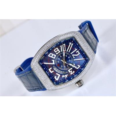 Replica Yachting A21j Automatic Movement Mens Watch Blue Dial Diamonds Case Leather Strap E45