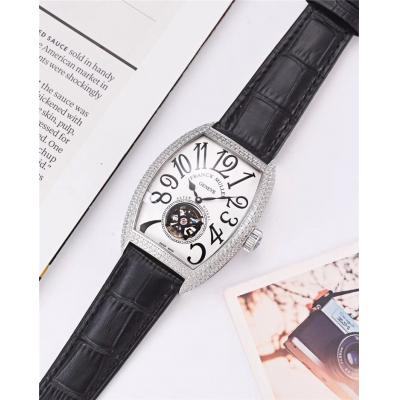 Replica Vanguard A21j Automatic Movement Mens Watch White Tourbillon Dial Diamonds Case Leather Strap E46