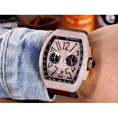 Replica Collection Japan Quartz Chronograph Movement Mens Watch Full Diamonds Dial Diamonds Case Leather Strap E49