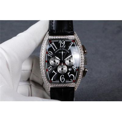 Replica Collection Japan Quartz Chronograph Movement Mens Watch Silver Dial Diamonds Case Leather Strap E59