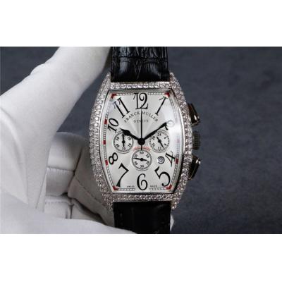 Replica Collection Japan Quartz Chronograph Movement Mens Watch Silver Dial Diamonds Case Leather Strap E59