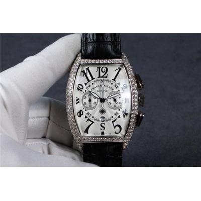 Replica Collection Japan Quartz Chronograph Movement Mens Watch Silver Dial Diamonds Case Leather Strap E59