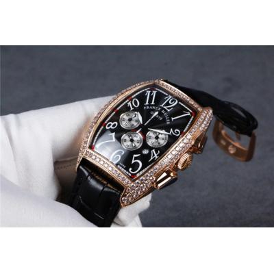 Replica Collection Japan Quartz Chronograph Movement Mens Watch Silver Dial Diamonds Case Leather Strap E59