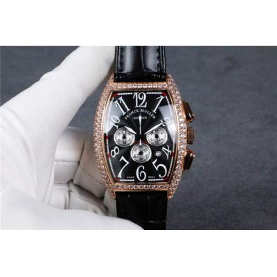 Replica Collection Japan Quartz Chronograph Movement Mens Watch Silver Dial Diamonds Case Leather Strap E59