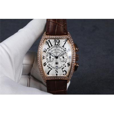 Replica Collection Japan Quartz Chronograph Movement Mens Watch Silver Dial Diamonds Case Leather Strap E59