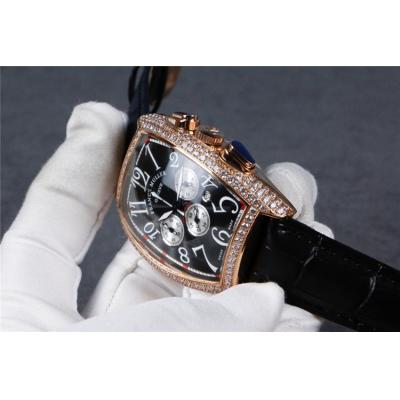 Replica Collection Japan Quartz Chronograph Movement Mens Watch Silver Dial Diamonds Case Leather Strap E59