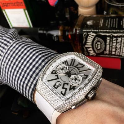 Replica Vanguard Japan VK Quartz Chronograph Movement Mens Watch White Dial Diamonds Case Leather Strap E67