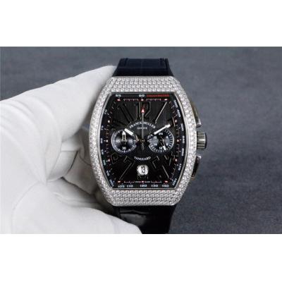 Replica Vanguard Japan VK Quartz Chronograph Movement Mens Watch Black Dial Diamonds Case Leather Strap A E71