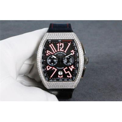 Replica Vanguard Japan VK Quartz Chronograph Movement Mens Watch Black Dial Diamonds Case Leather Strap A E71