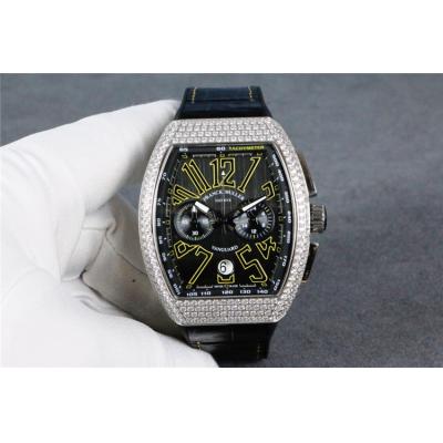 Replica Vanguard Japan VK Quartz Chronograph Movement Mens Watch Black Dial Diamonds Case Leather Strap A E71